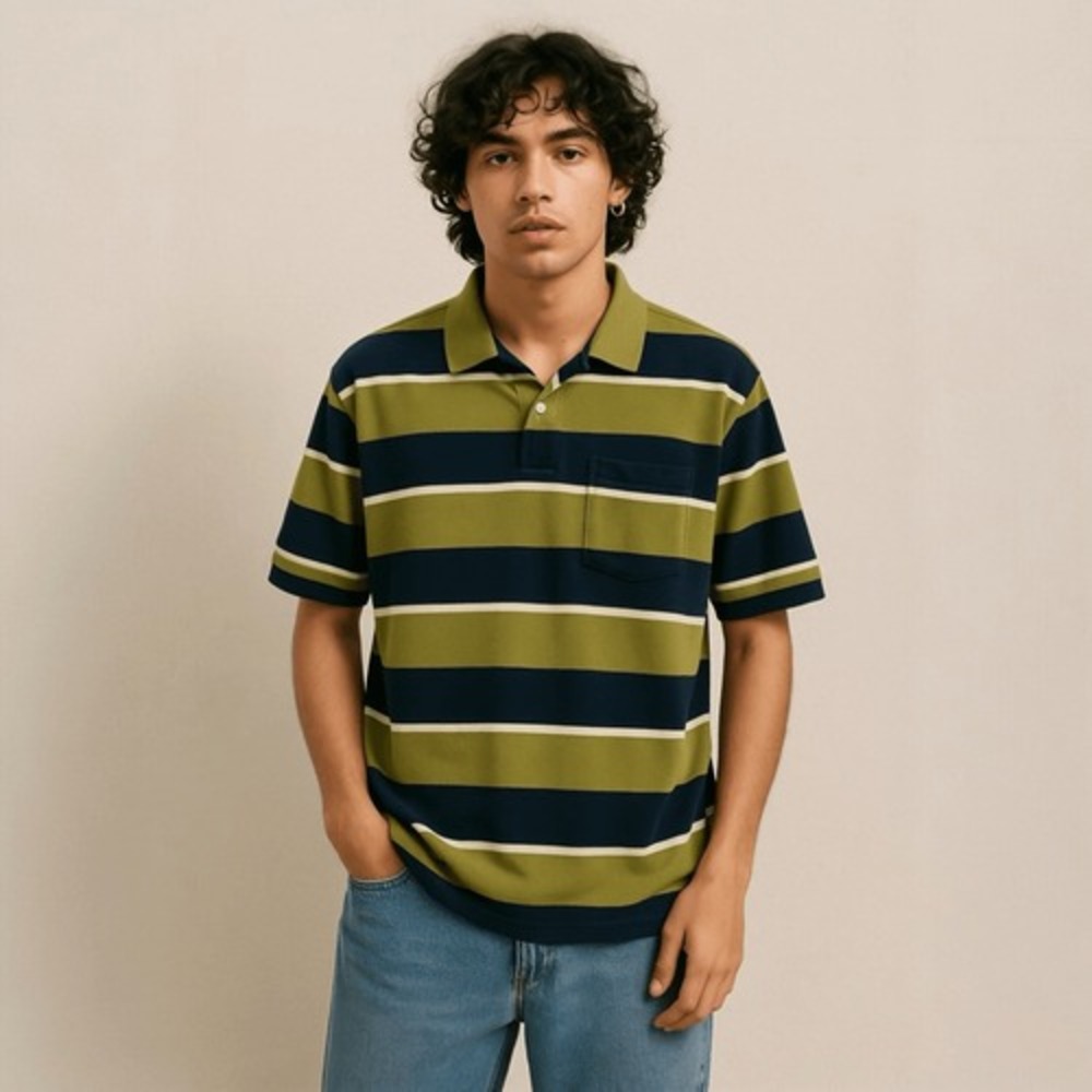 St Johns Bay‎ Mens Striped Rugby Polo Shirt Size L Green Navy Preppy Y2K Retro